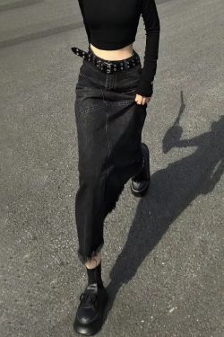 Y2K Grunge Long Black Denim Skirt - Retro 90s Fashion, Summer Y2K Outfits, Gothic Y2K Style