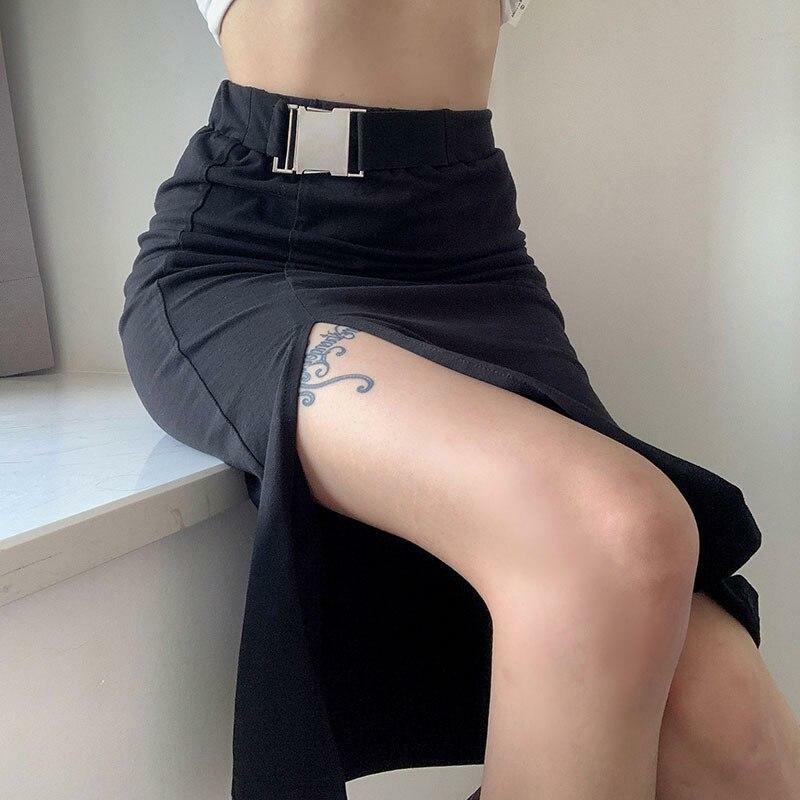 Y2K Grunge Long Black Pencil Skirt - Retro 90s Fashion, Summer Y2K Outfits, Gothic Y2K Style