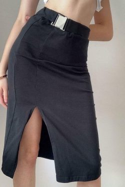 Y2K Grunge Long Black Pencil Skirt - Retro 90s Fashion, Summer Y2K Outfits, Gothic Y2K Style