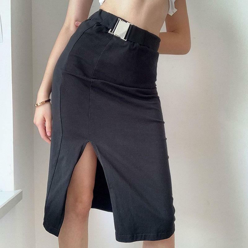 Y2K Grunge Long Black Pencil Skirt - Retro 90s Fashion, Summer Y2K Outfits, Gothic Y2K Style
