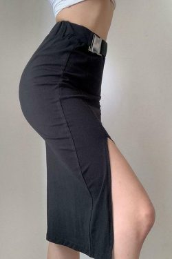 Y2K Grunge Long Black Pencil Skirt - Retro 90s Fashion, Summer Y2K Outfits, Gothic Y2K Style