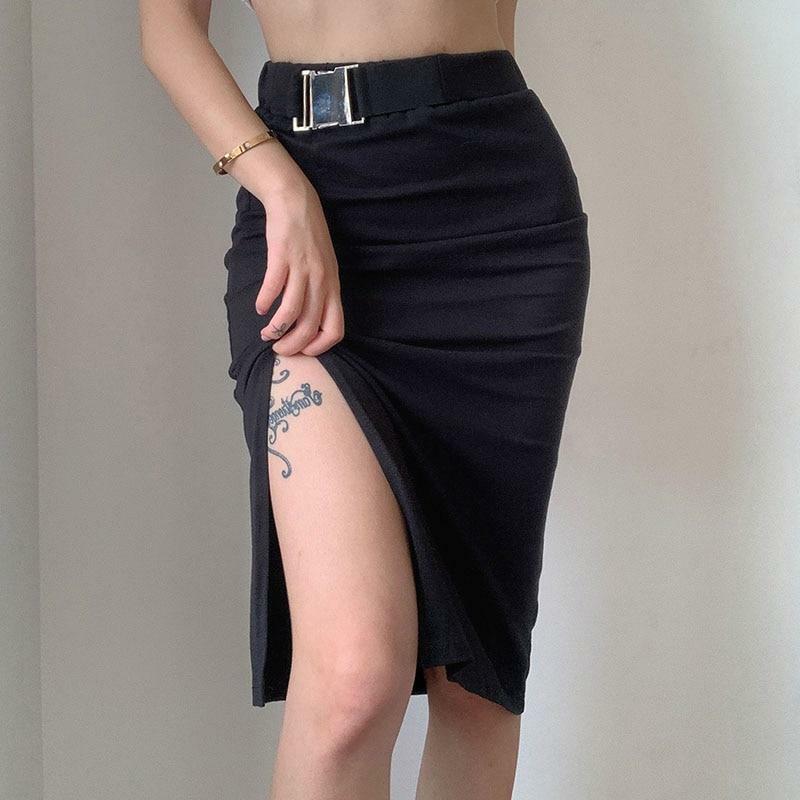 Y2K Grunge Long Black Pencil Skirt - Retro 90s Fashion, Summer Y2K Outfits, Gothic Y2K Style