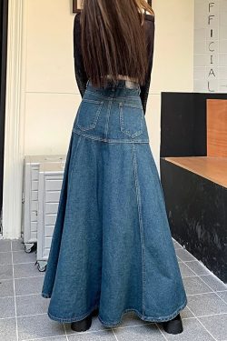 Y2K Grunge Long Flared Denim Skirt - 90s Retro Summer Outfit, Y2K Fashion Essentials