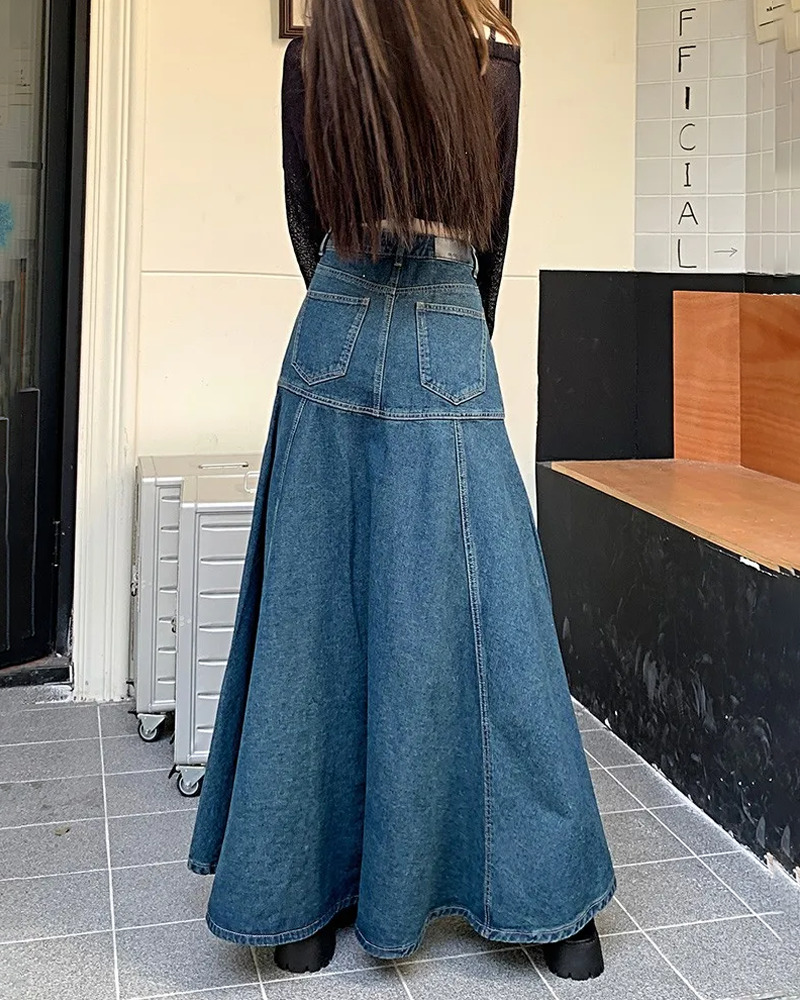 Y2K Grunge Long Flared Denim Skirt - 90s Retro Summer Outfit, Y2K Fashion Essentials