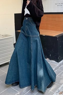 Y2K Grunge Long Flared Denim Skirt - 90s Retro Summer Outfit, Y2K Fashion Essentials