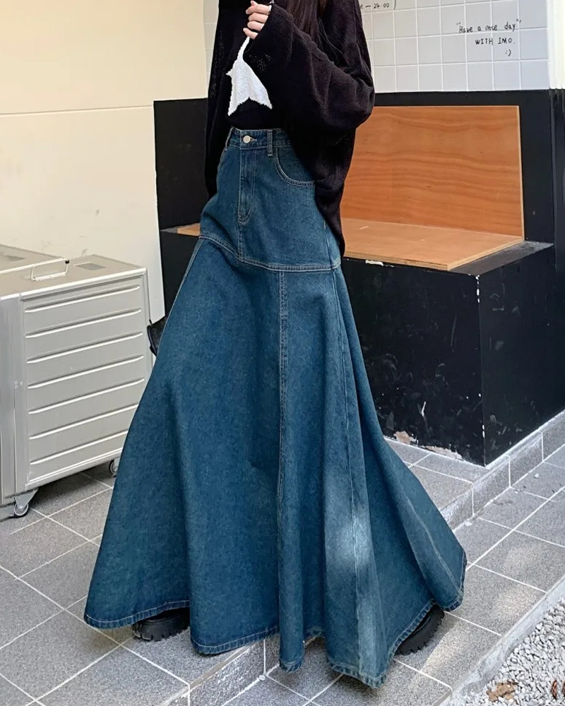 Y2K Grunge Long Flared Denim Skirt - 90s Retro Summer Outfit, Y2K Fashion Essentials