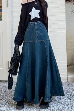 Y2K Grunge Long Flared Denim Skirt - 90s Retro Summer Outfit, Y2K Fashion Essentials