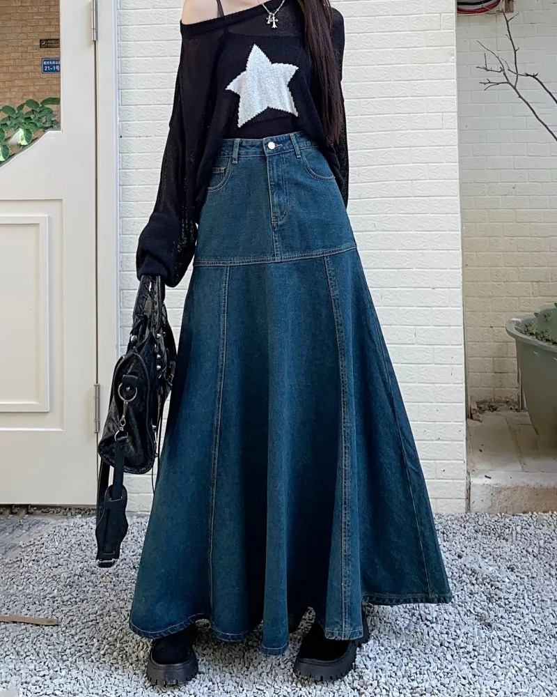 Y2K Grunge Long Flared Denim Skirt - 90s Retro Summer Outfit, Y2K Fashion Essentials