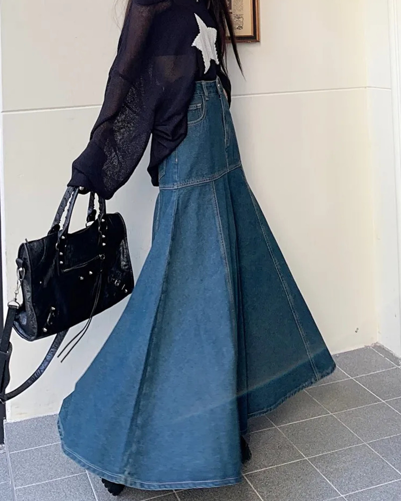 Y2K Grunge Long Flared Denim Skirt - 90s Retro Summer Outfit, Y2K Fashion Essentials