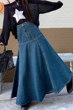 Y2K Grunge Long Flared Denim Skirt - 90s Retro Summer Outfit, Y2K Fashion Essentials