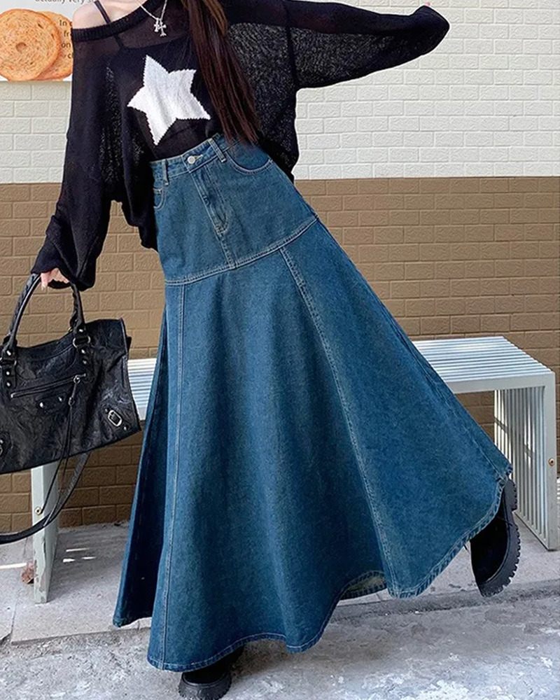 Y2K Grunge Long Flared Denim Skirt - 90s Retro Summer Outfit, Y2K Fashion Essentials