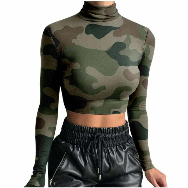 Y2K Grunge Long Sleeve Camouflage Print Top - Retro 90s Fashion, Y2K Club & Party Outfits