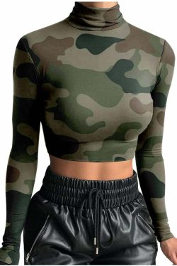 Y2K Grunge Long Sleeve Camouflage Print Top - Retro 90s Fashion, Y2K Club & Party Outfits
