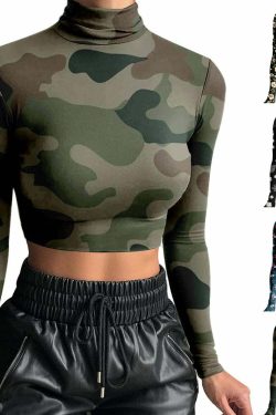Y2K Grunge Long Sleeve Camouflage Print Top - Retro 90s Fashion, Y2K Club & Party Outfits
