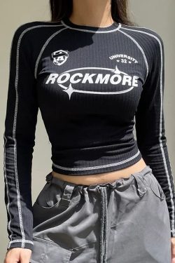 Y2K Grunge Long Sleeve Cropped Black Top - Retro 90s Fashion, Summer Y2K Outfits