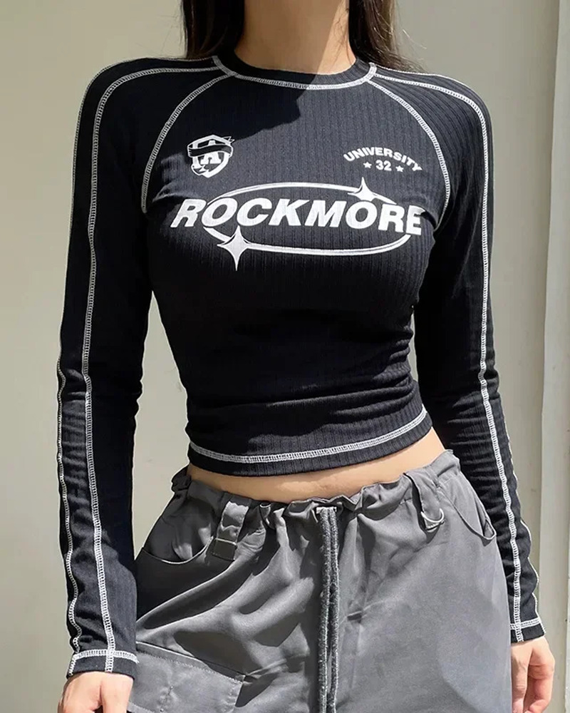 Y2K Grunge Long Sleeve Cropped Black Top - Retro 90s Fashion, Summer Y2K Outfits