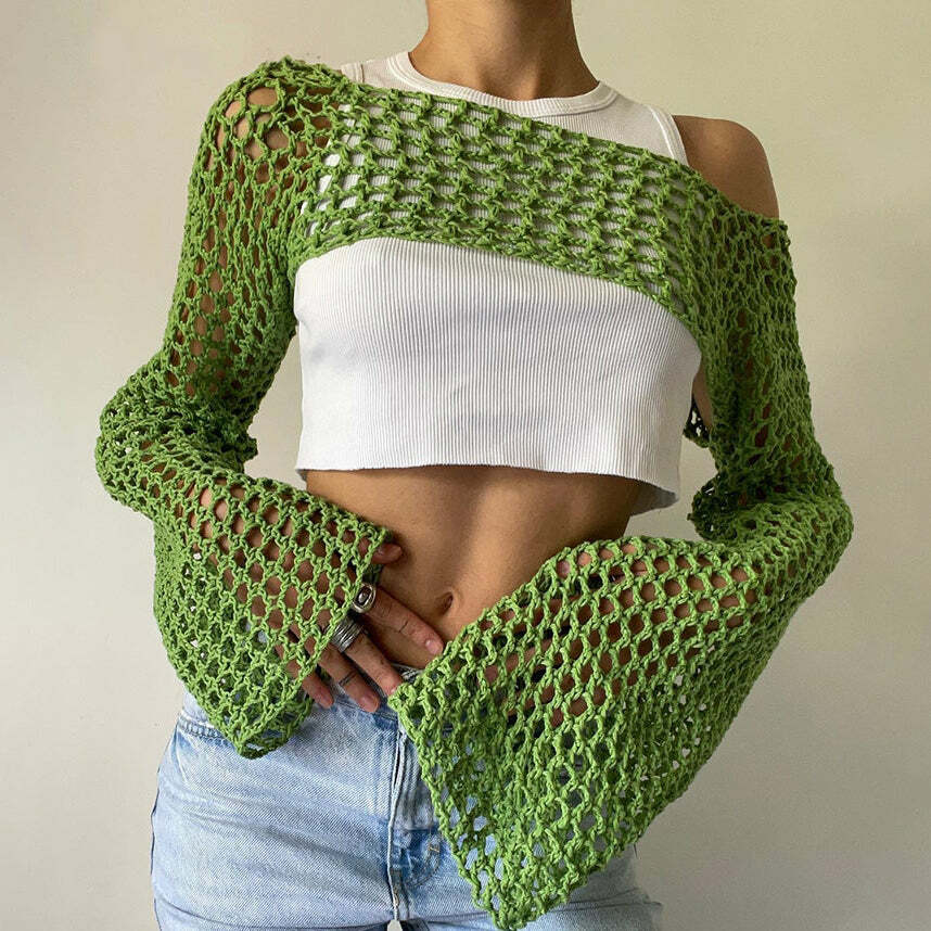 Y2K Grunge Long Sleeve Green Crochet Knitted Top - Retro 90s Summer Fashion Outfit