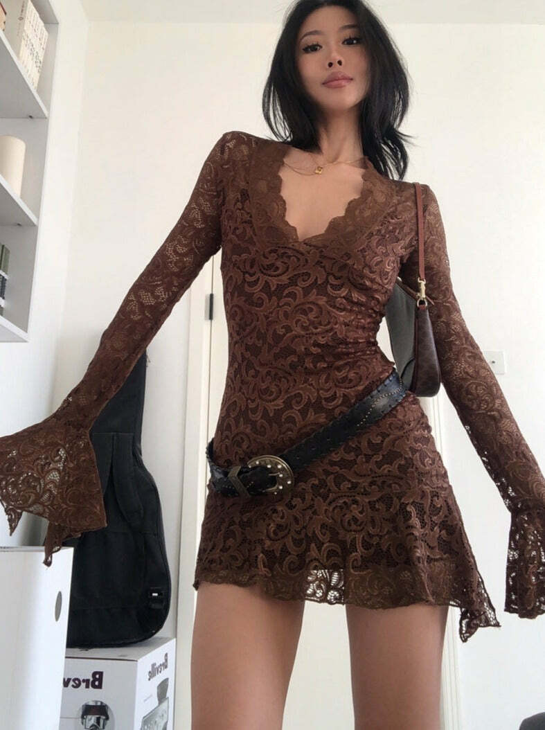 Y2K Grunge Long Sleeve Lace Dress - Retro 90s Fashion, Summer Party, Gothic Y2K Style