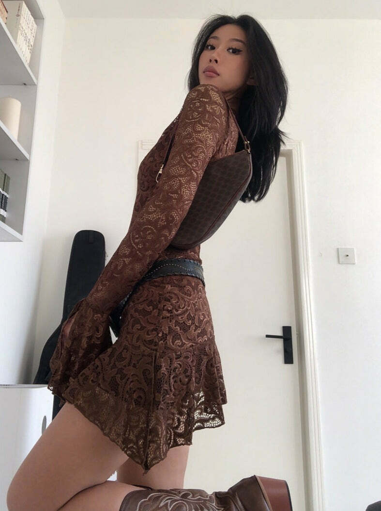Y2K Grunge Long Sleeve Lace Dress - Retro 90s Fashion, Summer Party, Gothic Y2K Style