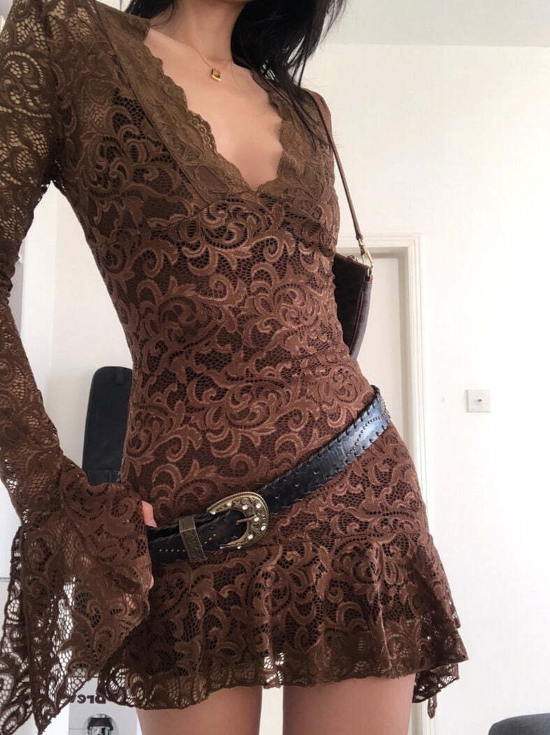 Y2K Grunge Long Sleeve Lace Dress - Retro 90s Fashion, Summer Party, Gothic Y2K Style