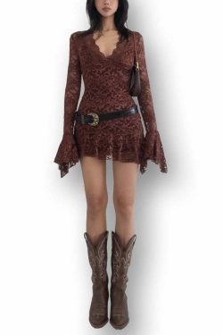 Y2K Grunge Long Sleeve Lace Dress - Retro 90s Fashion, Summer Party, Gothic Y2K Style