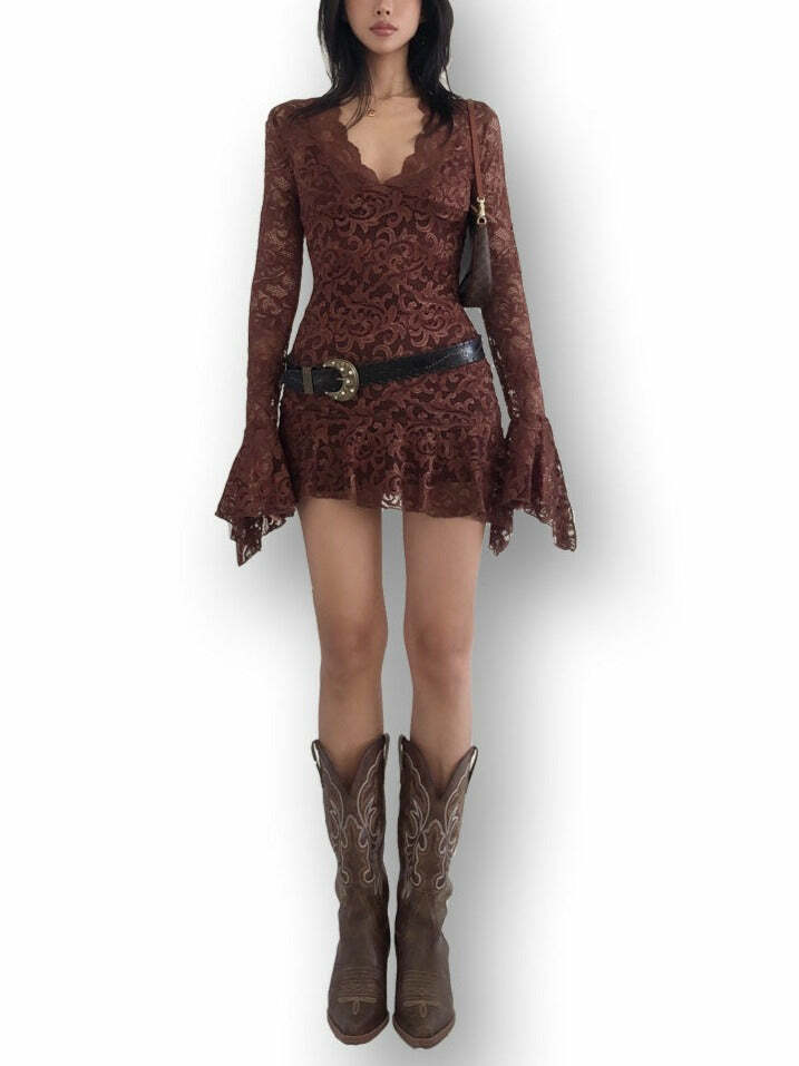 Y2K Grunge Long Sleeve Lace Dress - Retro 90s Fashion, Summer Party, Gothic Y2K Style