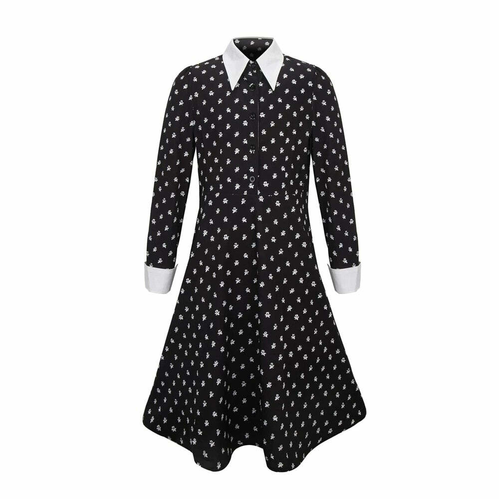 Y2K Grunge Long Sleeve Wednesday Cosplay Dress - Retro 90s Goth Fashion Outfit