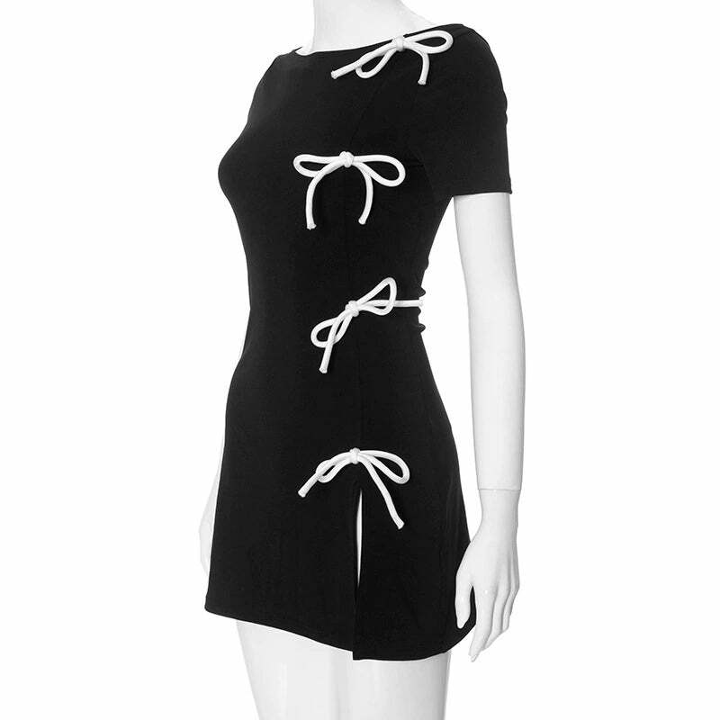 Y2K Grunge Minka Bow Detail Mini Dress - 90s Summer Outfit, Retro Style, Pastel Goth Fashion
