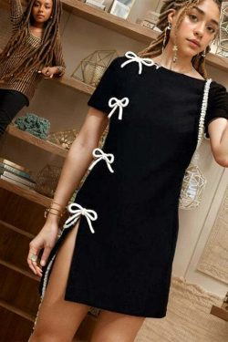 Y2K Grunge Minka Bow Detail Mini Dress - 90s Summer Outfit, Retro Style, Pastel Goth Fashion