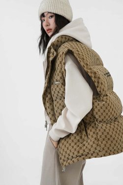 Y2K Grunge Monogram Print Puffer Vest - Retro 90s Fashion, Summer Outfits, and Clubwear