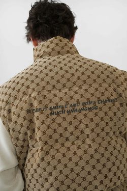 Y2K Grunge Monogram Print Puffer Vest - Retro 90s Fashion, Summer Outfits, and Clubwear