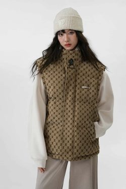 Y2K Grunge Monogram Print Puffer Vest - Retro 90s Fashion, Summer Outfits, and Clubwear