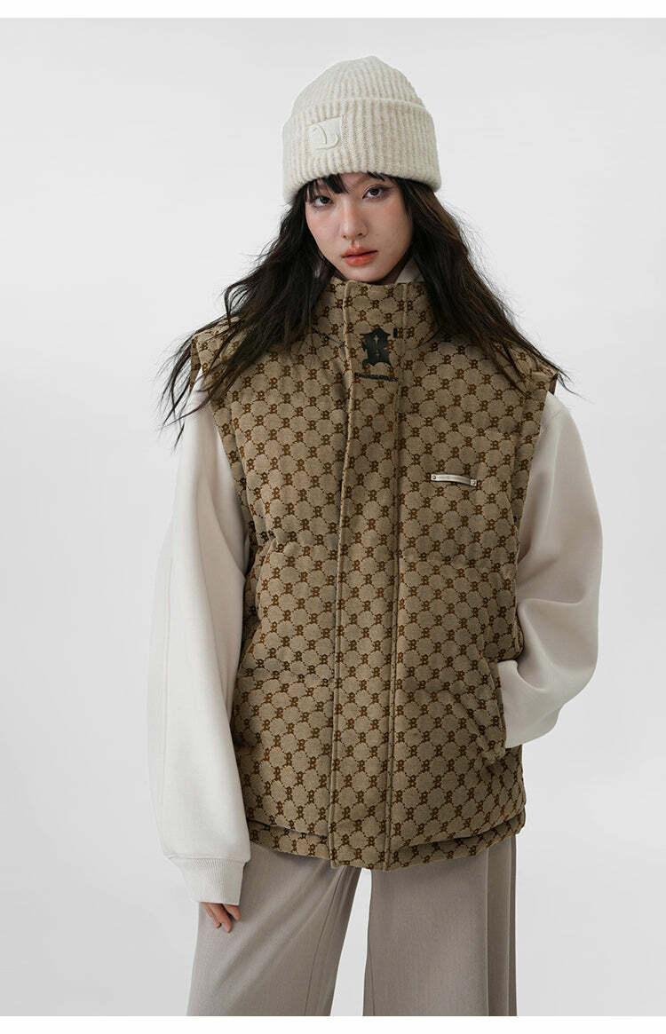 Y2K Grunge Monogram Print Puffer Vest - Retro 90s Fashion, Summer Outfits, and Clubwear