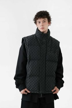 Y2K Grunge Monogram Print Puffer Vest - Retro 90s Fashion, Summer Outfits, and Clubwear