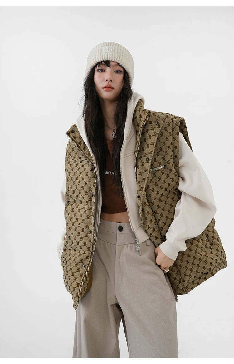 Y2K Grunge Monogram Print Puffer Vest - Retro 90s Fashion, Summer Outfits, and Clubwear