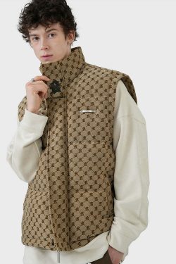 Y2K Grunge Monogram Print Puffer Vest - Retro 90s Summer Outfit, Y2K Club & Party Fashion