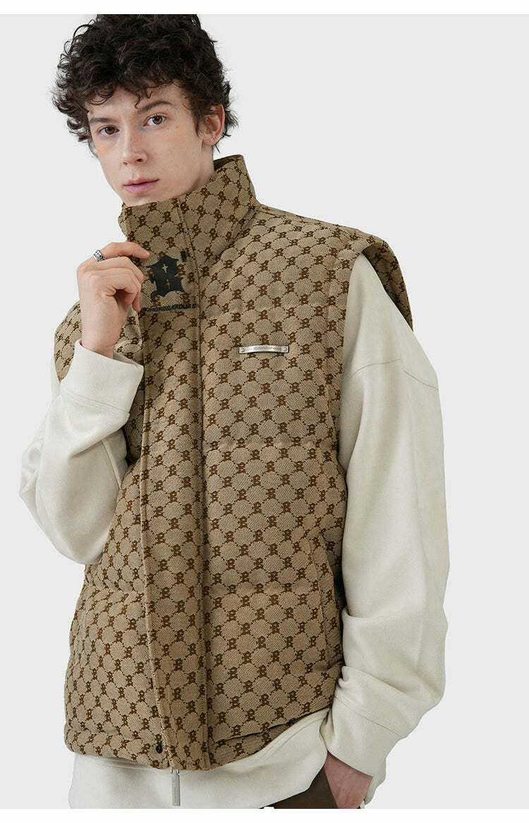 Y2K Grunge Monogram Print Puffer Vest - Retro 90s Summer Outfit, Y2K Club & Party Fashion