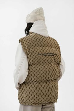 Y2K Grunge Monogram Print Puffer Vest - Retro 90s Summer Outfit, Y2K Club & Party Fashion