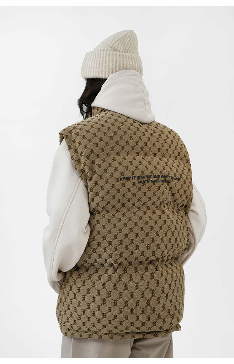 Y2K Grunge Monogram Print Puffer Vest - Retro 90s Summer Outfit, Y2K Club & Party Fashion