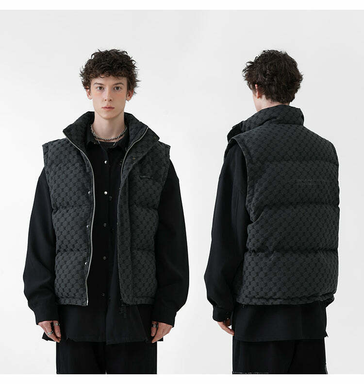 Y2K Grunge Monogram Print Puffer Vest - Retro 90s Summer Outfit, Y2K Club & Party Fashion