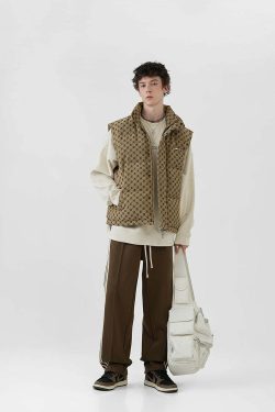 Y2K Grunge Monogram Print Puffer Vest - Retro 90s Summer Outfit, Y2K Club & Party Fashion