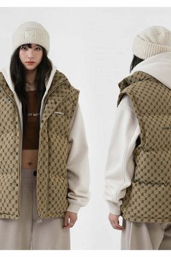 Y2K Grunge Monogram Print Puffer Vest - Retro 90s Summer Outfit, Y2K Club & Party Fashion