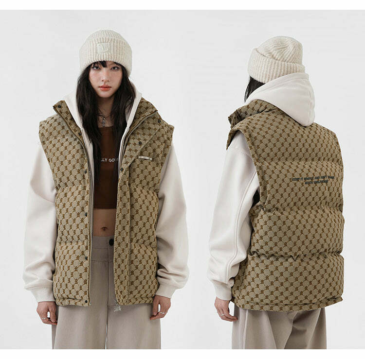 Y2K Grunge Monogram Print Puffer Vest - Retro 90s Summer Outfit, Y2K Club & Party Fashion