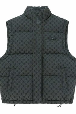 Y2K Grunge Monogram Print Puffer Vest - Retro 90s Summer Outfit, Y2K Club & Party Fashion