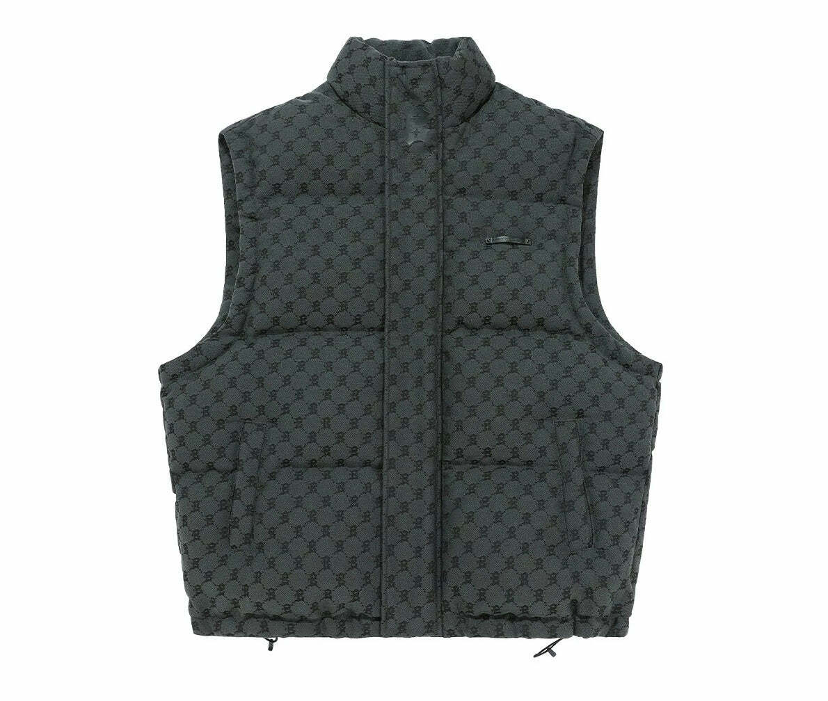 Y2K Grunge Monogram Print Puffer Vest - Retro 90s Summer Outfit, Y2K Club & Party Fashion