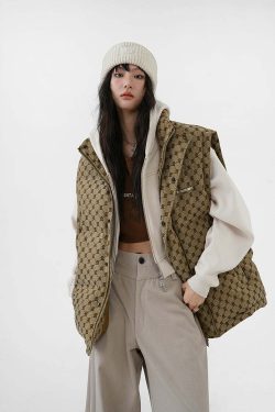Y2K Grunge Monogram Print Puffer Vest - Retro 90s Summer Outfit, Y2K Club & Party Fashion