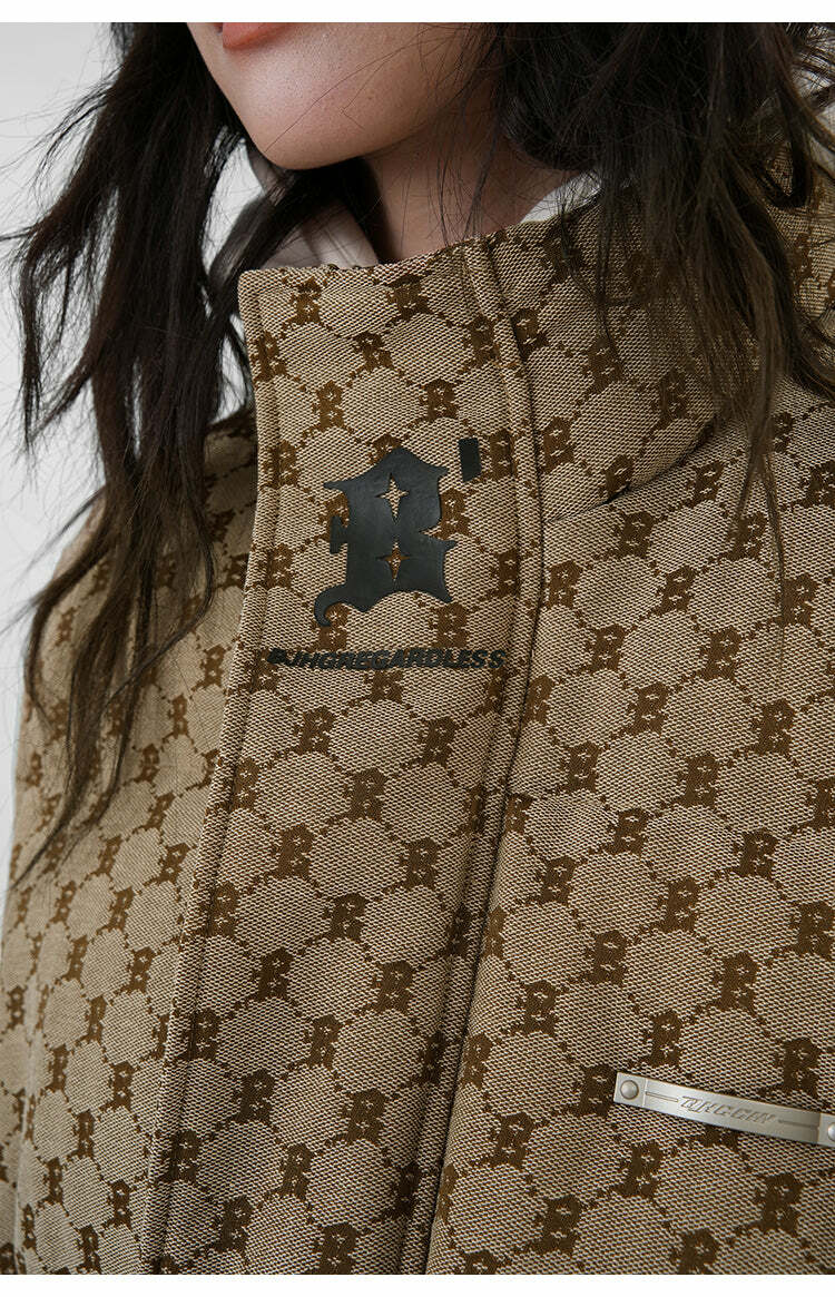 Y2K Grunge Monogram Print Puffer Vest - Retro 90s Summer Outfit, Y2K Club & Party Fashion