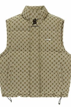Y2K Grunge Monogram Print Puffer Vest - Retro 90s Summer Outfit, Y2K Club & Party Fashion