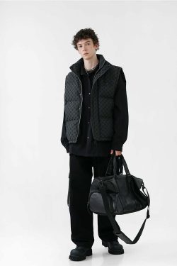 Y2K Grunge Monogram Print Puffer Vest - Retro 90s Summer Outfit, Y2K Club & Party Fashion