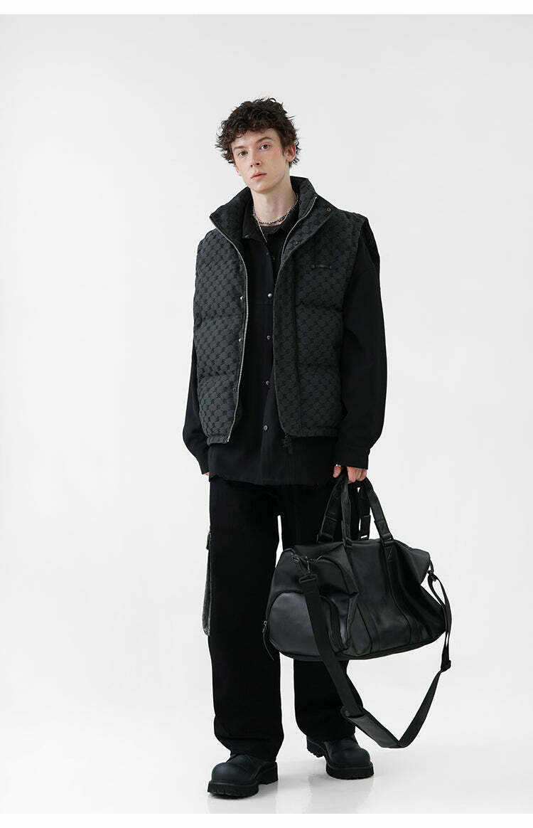Y2K Grunge Monogram Print Puffer Vest - Retro 90s Summer Outfit, Y2K Club & Party Fashion
